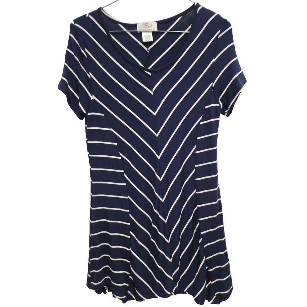 OSO Casuals Womens Tunic Top Small Blue White Striped Short Sleeve Casual Tee